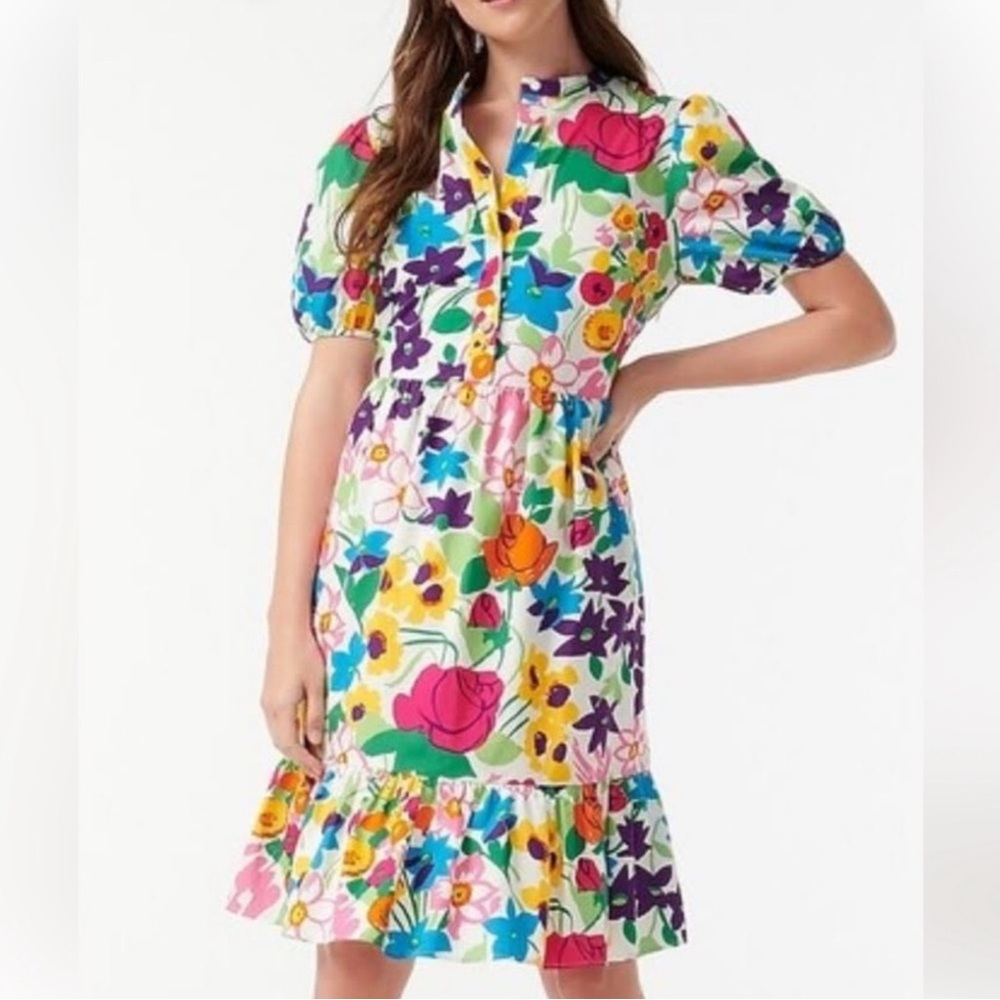 J Crew Puffed Sleeve Vibrant Garden Print Cotton Dress